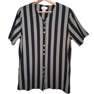 Vintage 1990s Lise J Blouse Women M Gray Black Striped V Neck Button Retro Artsy